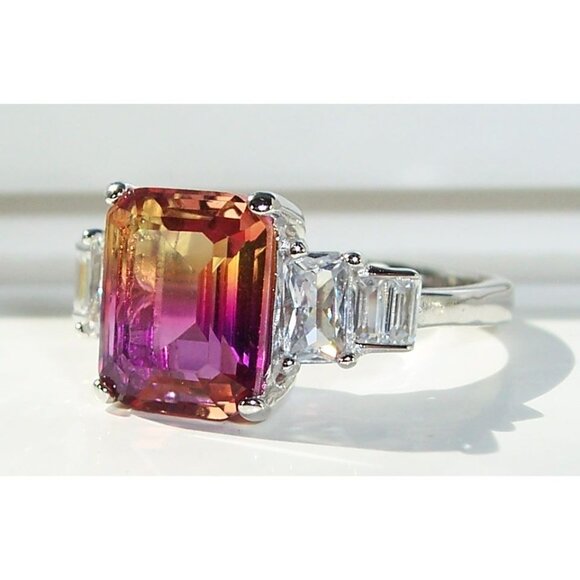 925 STERLING SILVER Emerald Cut Gradient Cubic Zirconia Ring - Picture 2 of 16